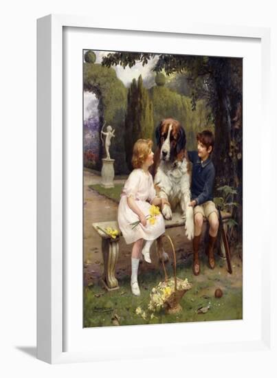 Children with a St. Bernard, 1922 (Oil on Canvas)-Arthur John Elsley-Framed Giclee Print