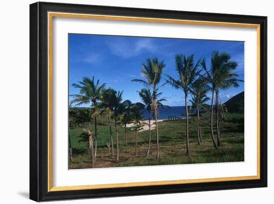 Chile, Easter Island, Rapa-Nui National Park, Anakena Bay, Ahu Nau Nau, Palm Trees and Moai Statues-null-Framed Giclee Print