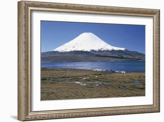 Chile, Norte Grande, Tarapacá, View of Chungara Lake and Parinacota Volcano in Andes Mountains-null-Framed Giclee Print