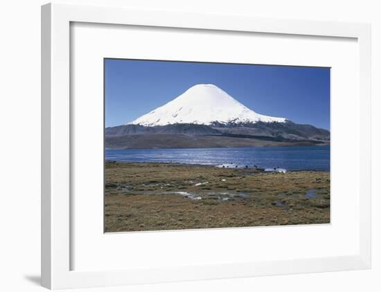 Chile, Norte Grande, Tarapacá, View of Chungara Lake and Parinacota Volcano in Andes Mountains-null-Framed Giclee Print