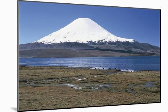Chile, Norte Grande, Tarapacá, View of Chungara Lake and Parinacota Volcano in Andes Mountains-null-Mounted Giclee Print