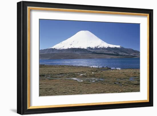 Chile, Norte Grande, Tarapacá, View of Chungara Lake and Parinacota Volcano in Andes Mountains-null-Framed Giclee Print