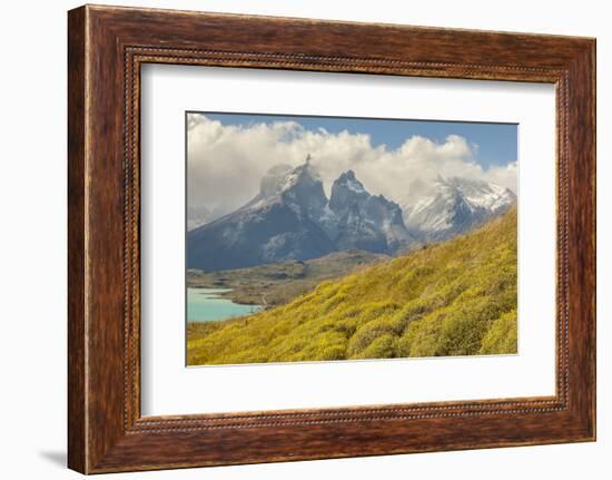Chile, Patagonia. Lake Pehoe and The Horns mountains.-Jaynes Gallery-Framed Photographic Print