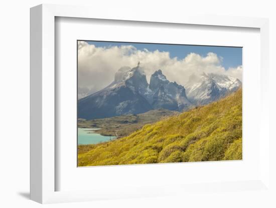 Chile, Patagonia. Lake Pehoe and The Horns mountains.-Jaynes Gallery-Framed Photographic Print