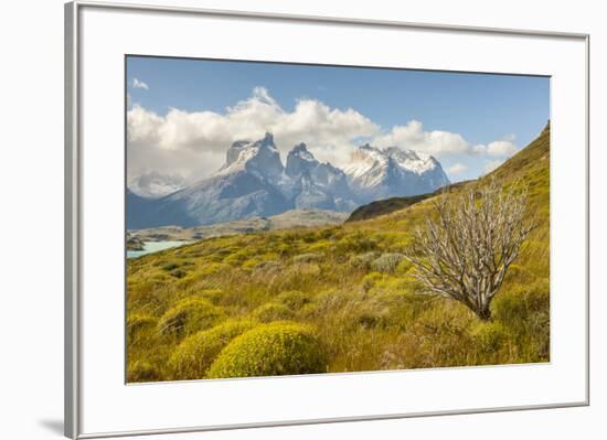 Chile, Patagonia. Lake Pehoe and The Horns mountains.-Jaynes Gallery-Framed Premium Photographic Print