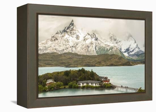 Chile, Patagonia. Lake Pehoe Lodge and The Horns mountains.-Jaynes Gallery-Framed Premier Image Canvas