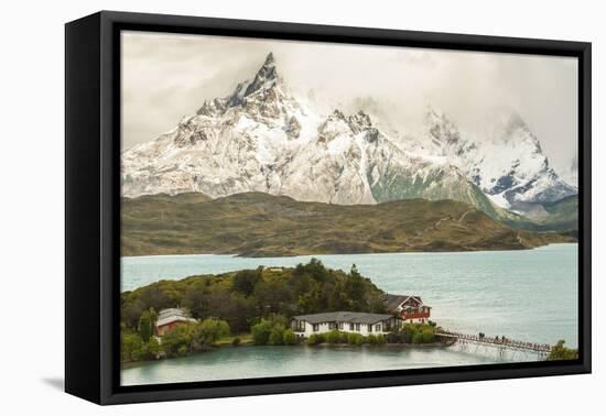 Chile, Patagonia. Lake Pehoe Lodge and The Horns mountains.-Jaynes Gallery-Framed Premier Image Canvas