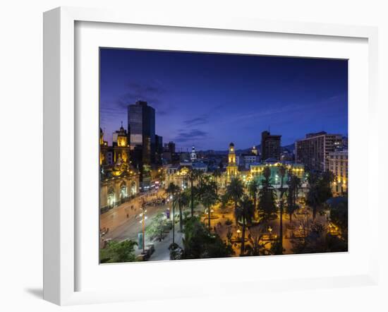 Chile, Santiago, Plaza De Armas and Metropolitan Cathedral, Elevated View, Dusk-Walter Bibikow-Framed Photographic Print