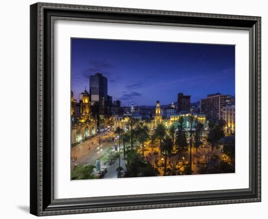 Chile, Santiago, Plaza De Armas and Metropolitan Cathedral, Elevated View, Dusk-Walter Bibikow-Framed Photographic Print