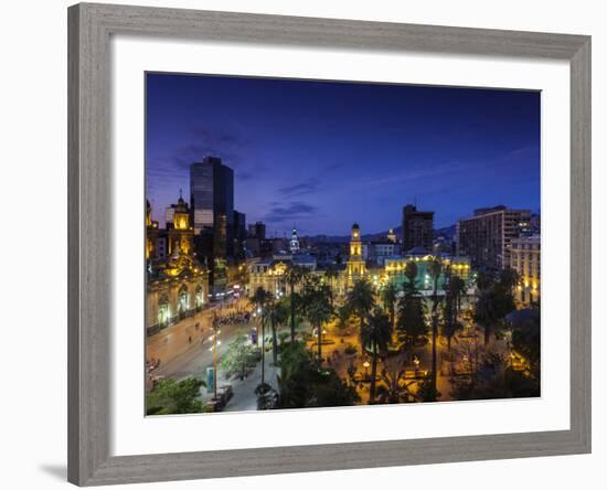 Chile, Santiago, Plaza De Armas and Metropolitan Cathedral, Elevated View, Dusk-Walter Bibikow-Framed Photographic Print