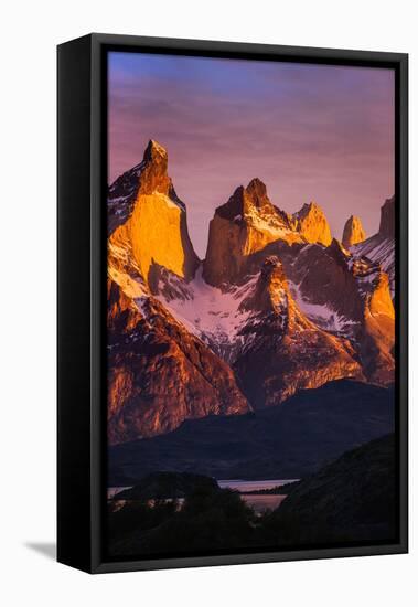 Chile, Torres Del Paine, Magallanes Province. Sunrise over the Peaks of Cuernos Del Paine.-Nigel Pavitt-Framed Premier Image Canvas