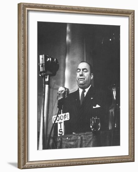 Chilean Poet Pablo Neruda Speaking at the Communist-Inspired Paris Peace Congress-null-Framed Premium Photographic Print