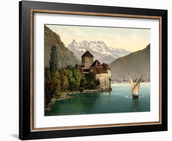 Chillon Castle, and Dent Du Midi, Geneva Lake, Switzerland, C.1890-C.1900-null-Framed Giclee Print