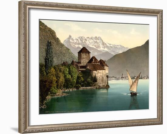 Chillon Castle, and Dent Du Midi, Geneva Lake, Switzerland, C.1890-C.1900--Framed Giclee Print