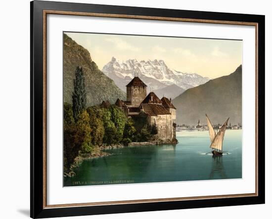 Chillon Castle, and Dent Du Midi, Geneva Lake, Switzerland, C.1890-C.1900--Framed Giclee Print