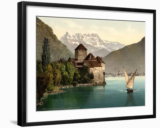 Chillon Castle, and Dent Du Midi, Geneva Lake, Switzerland, C.1890-C.1900-null-Framed Giclee Print