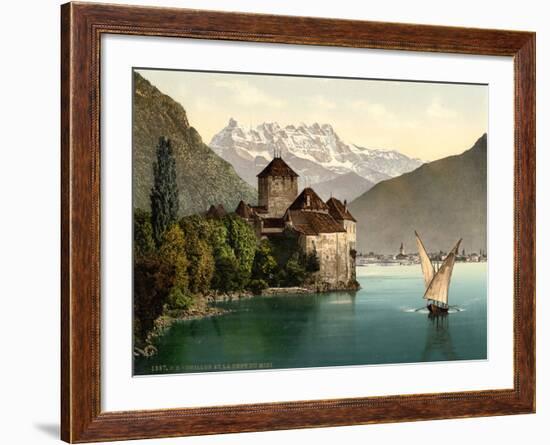 Chillon Castle, and Dent Du Midi, Geneva Lake, Switzerland, C.1890-C.1900-null-Framed Giclee Print