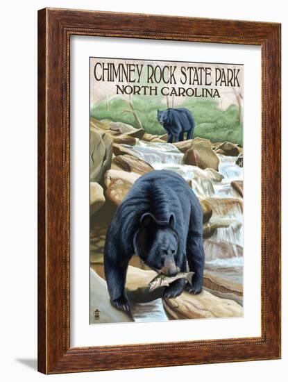 Chimney Rock State Park, NC - Bear Fishing in Stream-Lantern Press-Framed Art Print