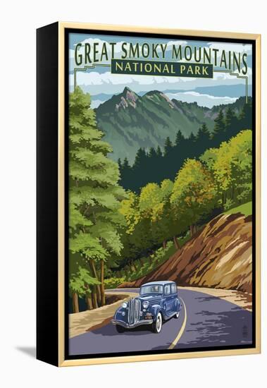 Chimney Tops and Road - Great Smoky Mountains National Park, TN-Lantern Press-Framed Stretched Canvas