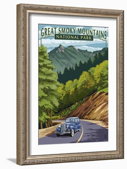 Chimney Tops and Road - Great Smoky Mountains National Park, TN-Lantern Press-Framed Art Print