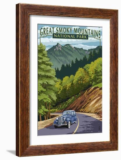 Chimney Tops and Road - Great Smoky Mountains National Park, TN-Lantern Press-Framed Art Print