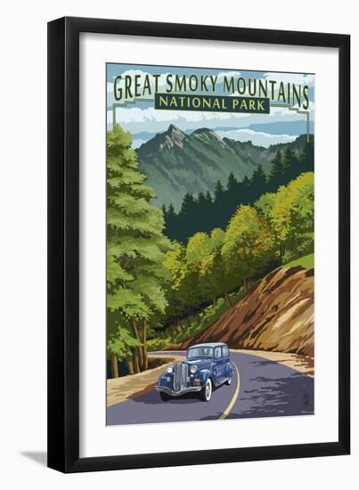 Chimney Tops and Road - Great Smoky Mountains National Park, TN-Lantern Press-Framed Art Print