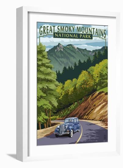 Chimney Tops and Road - Great Smoky Mountains National Park, TN-Lantern Press-Framed Art Print