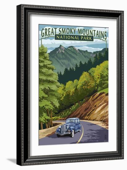 Chimney Tops and Road - Great Smoky Mountains National Park, TN-Lantern Press-Framed Art Print