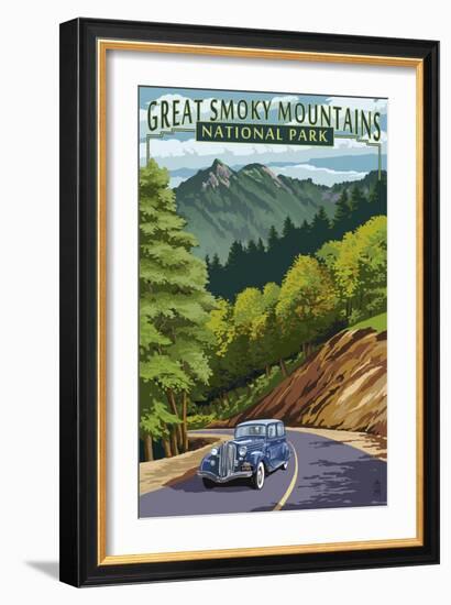 Chimney Tops and Road - Great Smoky Mountains National Park, TN-Lantern Press-Framed Art Print