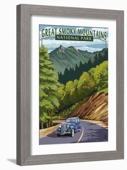 Chimney Tops and Road - Great Smoky Mountains National Park, TN-Lantern Press-Framed Premium Giclee Print