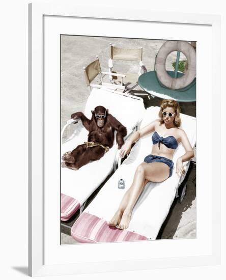 Chimpanzee and a Woman Sunbathing-null-Framed Photo