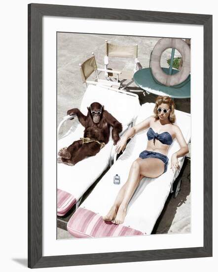 Chimpanzee and a Woman Sunbathing-null-Framed Photo