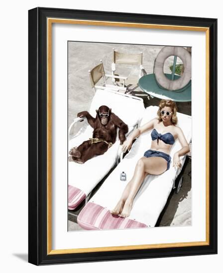 Chimpanzee and a Woman Sunbathing-null-Framed Photo