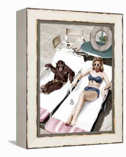 Chimpanzee and a Woman Sunbathing-null-Framed Stretched Canvas