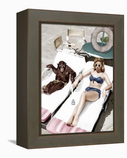 Chimpanzee and a Woman Sunbathing-null-Framed Stretched Canvas