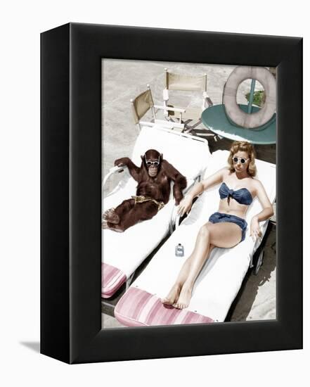 Chimpanzee and a Woman Sunbathing-null-Framed Stretched Canvas