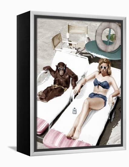 Chimpanzee and a Woman Sunbathing-null-Framed Stretched Canvas