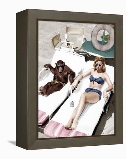 Chimpanzee and a Woman Sunbathing-null-Framed Stretched Canvas