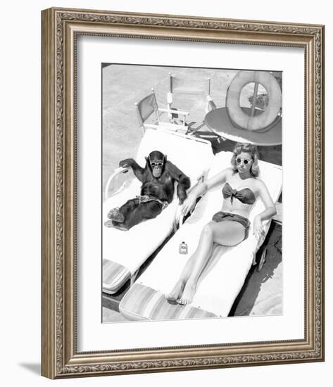 Chimpanzee & Woman Sunbathing-null-Framed Premium Giclee Print