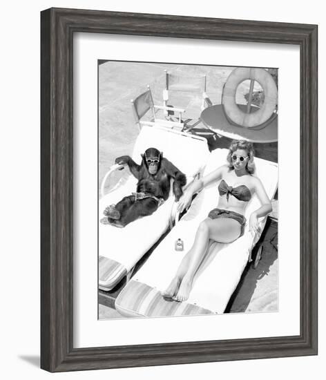 Chimpanzee & Woman Sunbathing-null-Framed Premium Giclee Print