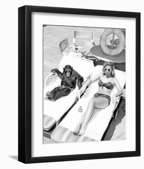 Chimpanzee & Woman Sunbathing-null-Framed Premium Giclee Print