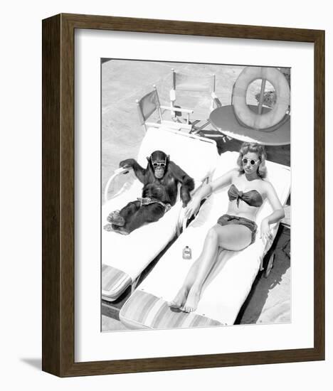 Chimpanzee & Woman Sunbathing-null-Framed Premium Giclee Print