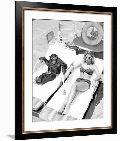 Chimpanzee & Woman Sunbathing-null-Framed Art Print