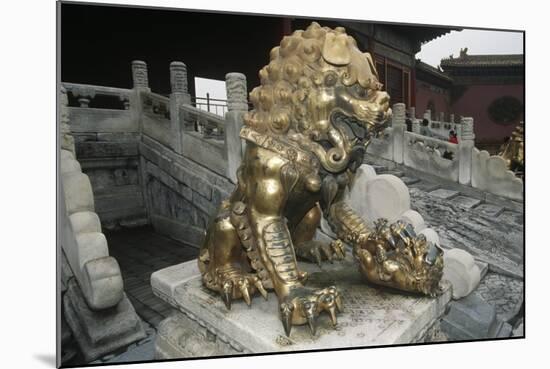 China, Beijing, Forbidden City, Gu Gong, Gilded Bronze Lion Sculpture at Gate of Celestial Purity-null-Mounted Giclee Print