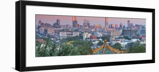 China, Beijing, Jingshan Park, Pavillion and Modern Chaoyang District Skyline Beyond-Alan Copson-Framed Photographic Print