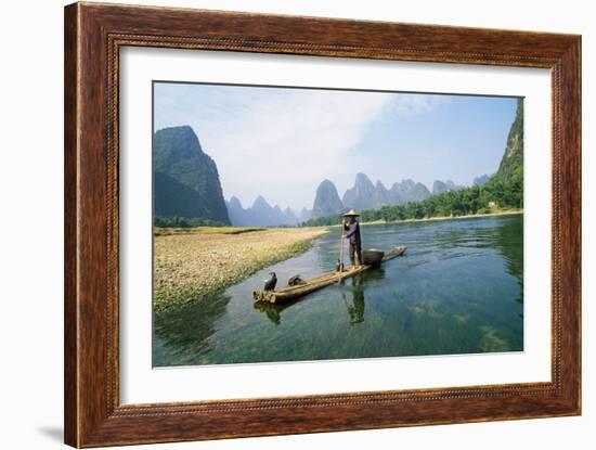 China Fisherman with Cormorant Birds on Li River-null-Framed Photographic Print