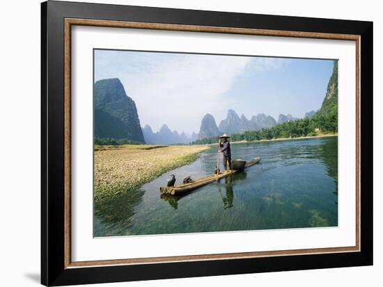 China Fisherman with Cormorant Birds on Li River-null-Framed Photographic Print