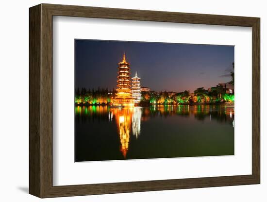 China, Guilin at Night, Double Pagoda 'Riyue Shuang Ta'-Catharina Lux-Framed Photographic Print