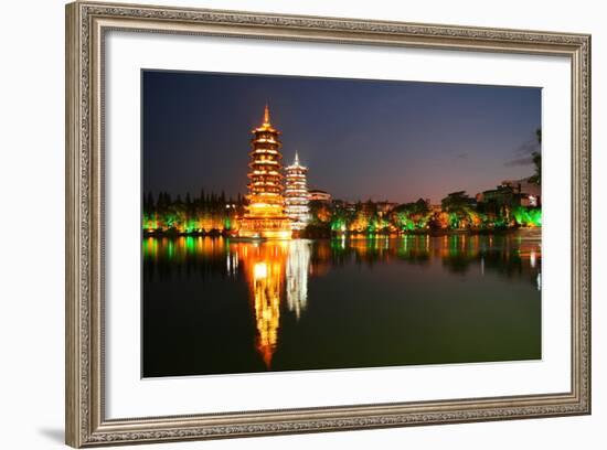 China, Guilin at Night, Double Pagoda 'Riyue Shuang Ta'-Catharina Lux-Framed Photographic Print