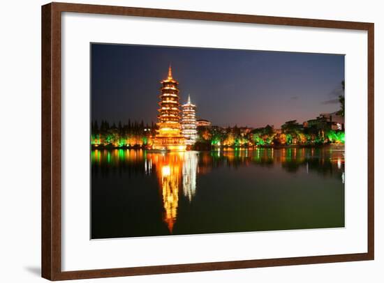 China, Guilin at Night, Double Pagoda 'Riyue Shuang Ta'-Catharina Lux-Framed Photographic Print